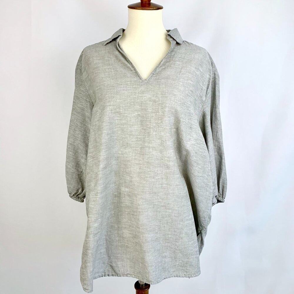 UNIQLO Gray Linen Cotton Blend 3/4 Sleeve V-Neck Tunic Women’s Size Medium